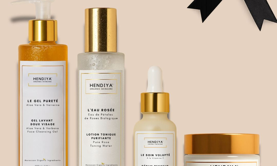Hendiya® organic skincare routine: cleanser, toner, serum and moisturizer